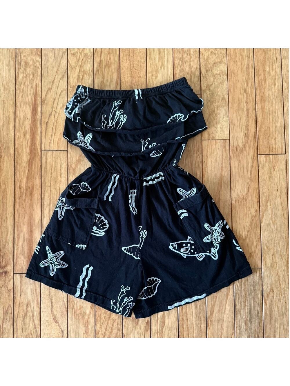 VINTAGE Gloria's Fashions Black Sea Life Romper Off Shoulder Medium Resortwear